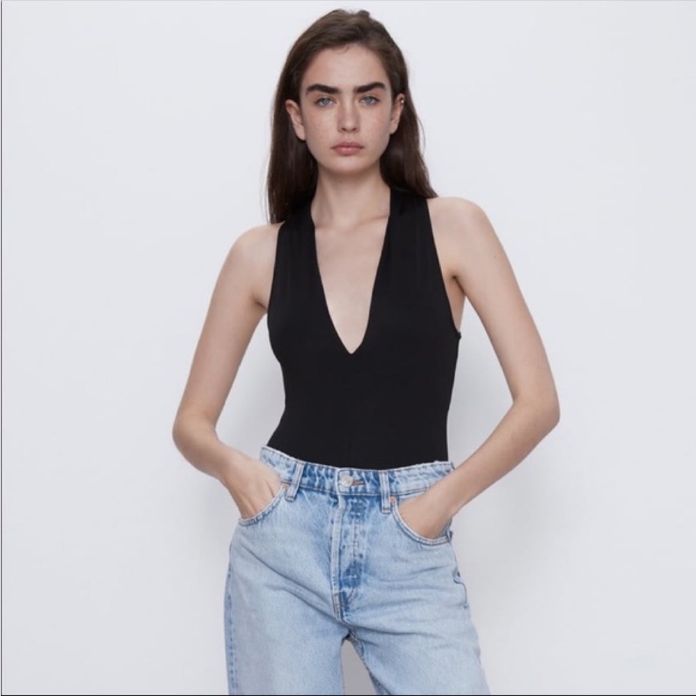 Zara black plunge sexy v neck bodysuit like new